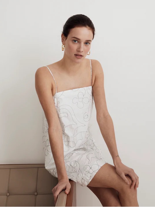Madewell Nwt Goldie Mini Dress Linen Floral Embroidered Square Neck White